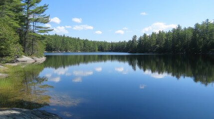 Aufkleber - Calm lake reflecting trees under a bright sky in a tranquil natural setting