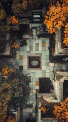 Poster - Autumnal Courtyard: Aerial View of Geometric Stonework