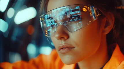 Poster - close up of female industrial engineer wearing augmented reality glasses analyzing data and informat