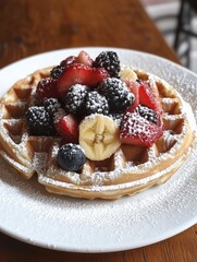 Poster - Delicious waffles topped with fresh fruits and powdered sugar served in a cozy cafe setting