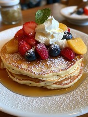 Aufkleber - Fluffy pancakes stacked high with fresh berries and whipped cream served at a cozy cafe