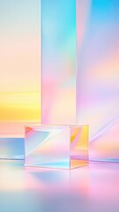 Aufkleber - Glass cube stage glowing with holographic, iridescent colors against soft pastel backdrop. Vertical format background