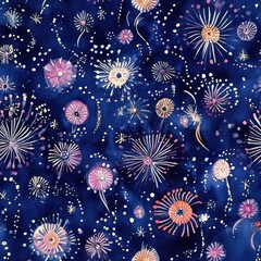 Poster - Colorful fireworks celebrate a joyful evening under a starry sky with whimsical doodle designs and vibrant splashes of watercolor