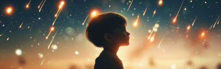 Aufkleber - child in silhouette against a glowing backdrop filled with falling stars at dusk