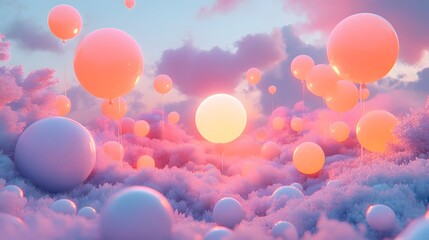 Poster - glowing party balloons floating in an elegant and whimsical scene full of cheerful soft charm abstra
