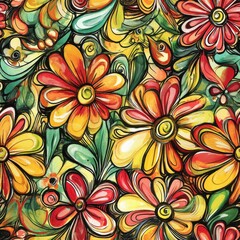 Poster - Vibrant doodle drawing of colorful flowers in a lively watercolor style