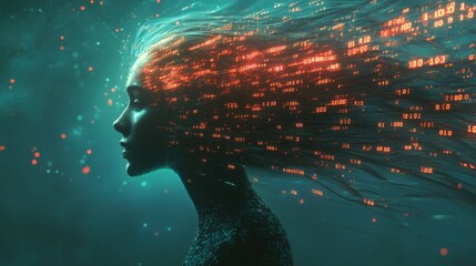 Poster - Surreal profile of a woman merging with digital elements, depicting the fusion of humanity and technology in vibrant colors