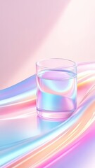 Poster - Abstract close-up of glossy Geometric holographic pink and blue liquid waves with water droplets, evoking a dreamy, iridescent, and serene visual atmosphere background