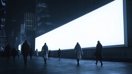 Poster - Sleek modern cityscape at night with illuminated buildings and silhouettes of pedestrians walking in coats