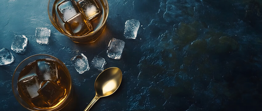 A golden spoon, two glasses of whiskey and ice cubes on a dark blue stone table