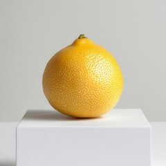 Poster - Fresh lemon with bright yellow peel on a clean white pedestal against a neutral background showcasing its vibrant color and texture