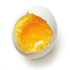 Poster - Boiled egg without shell placed on a white surface showcasing a vibrant yellow yolk and smooth texture