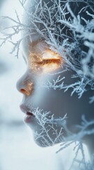 Fototapete - Child's serene face surrounded by frost and snow, capturing winter's gentle beauty and innocence in a tranquil setting