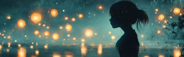 Aufkleber - Serene silhouette of a child surrounded by glowing lanterns at twilight by the water