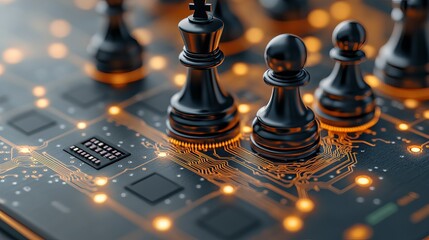 Canvas Print - A close-up of a futuristic chessboard featuring black chess pieces on an illuminated digital circuit background, symbolizing strategic technology.