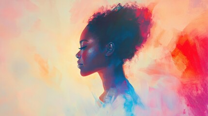 Poster - Woman in serene portrait radiating warmth with colorful backdrop in soft hues during golden hour
