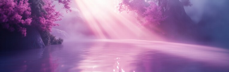 Poster - Lavender reflections and soft pink hues create a tranquil atmosphere by the serene water during sunrise