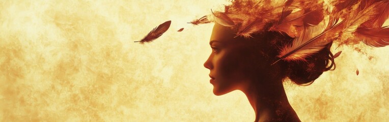 Aufkleber - Poet's profile illuminated by a warm glow with feathers representing creativity and inspiration