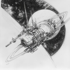 Poster - Satellite in stable orbit around a massive gas giant with distinctive rings and swirling clouds