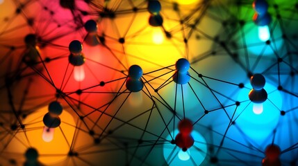 Aufkleber - Abstract Colorful Network Connections with Dots and Lines Representing Digital Communication, Technology, and Data Visualization in a Vibrant Spectrum of Colors