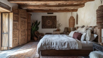 Aufkleber - Rustic bedroom featuring intricate wooden carvings and natural decor elements in a serene atmosphere