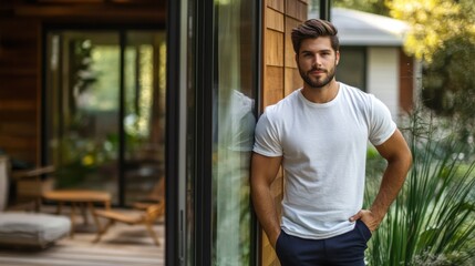 Poster - Relaxed young man enjoying a serene moment outside a stylish modern home in the early afternoon