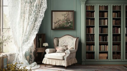 Poster - Cozy reading corner with pastel armchair and lace curtains in a serene setting filled with books