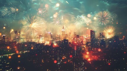 Aufkleber - Radiant double exposure of urban skyline with fireworks illuminating the night sky