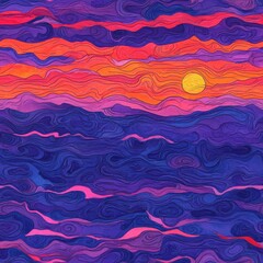 Poster - Vibrant doodle cartoon drawing of a sunset over ocean waves in watercolor style