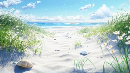 Poster - Quiet spring beach with soft white sand, gentle waves, and blooming flowers under a clear blue sky