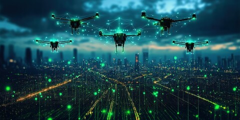 Poster - Drones flying over a cityscape at dusk, showcasing technology and urban exploration in a vibrant atmosphere
