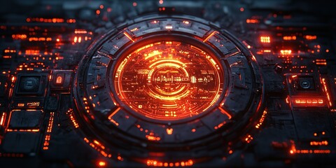 Poster - Futuristic circular interface with glowing red lights and intricate patterns in a dark setting