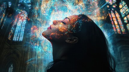 Aufkleber - Mystical visualization of a woman's profile with cosmic elements in a serene, ethereal setting