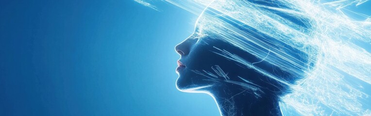 Poster - Mystical visualization of a woman's face illuminated by ethereal light in a serene blue atmosphere