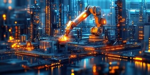 Poster - Robotic arm operates in a futuristic industrial city during nighttime