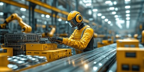 Poster - Worker in safety gear operates robotic assembly line in modern factory setting during daytime