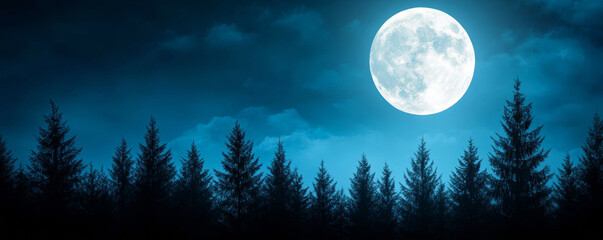 Wall Mural - Luminous full moon casting silvery light through misty forest trees, revealing nocturnal shadowy landscape