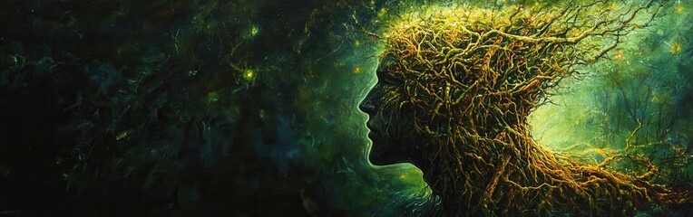 Poster - Mystical profile of a man intertwined with nature, showcasing the bond between humanity and the environment
