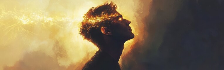 Aufkleber - Mystical profile of a man illuminated by swirling golden energy in an ethereal landscape at twilight