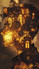 Aufkleber - Mystical profile of a man filled with illuminated architectural elements under a starry sky at twilight