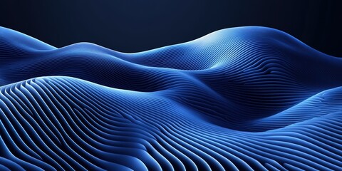 Poster - Waves of blue patterns create an abstract landscape of motion and depth in a dark atmosphere