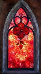 Sticker - Gothic Stained Glass Window: Red Hues and Intricate Design