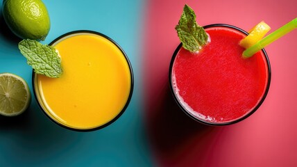 Wall Mural - Colorful refreshing drinks, one yellow and red, with garnishes lime slices