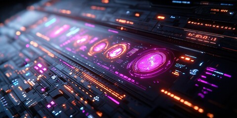 Poster - Vibrant digital interface showcasing bright pink and orange elements against a dark background with futuristic visuals