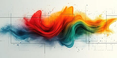Poster - Colorful abstract waves of paint blend together, creating a vibrant and dynamic composition on a light background in a modern art style