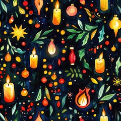 Poster - Whimsical watercolor doodles of candles and foliage in vibrant colors creating a festive atmosphere