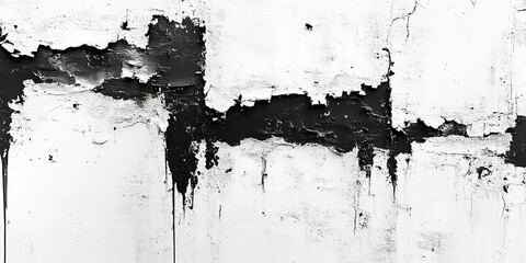 Poster - Textured black and white wall with peeling paint showcasing a unique artistic design and contrasting patterns