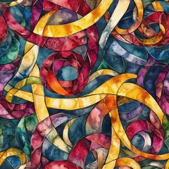 Poster - Dynamic watercolor doodle cartoon style artwork featuring colorful swirls and ribbons in intricate patterns