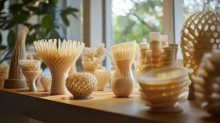 Poster - Several beige conceptual 3d printed objects are displayed on a light wooden table in front of a window, showcasing additive manufacturing and modern design