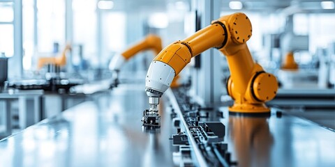 Poster - Industrial robot arm assembling components in a modern manufacturing facility during daytime